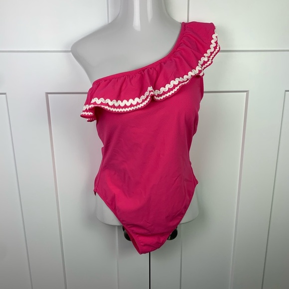 NWT J. Crew 12 Textured One Shoulder Ruffle One Piece Swimsuit Pink Preppy - Picture 6 of 6